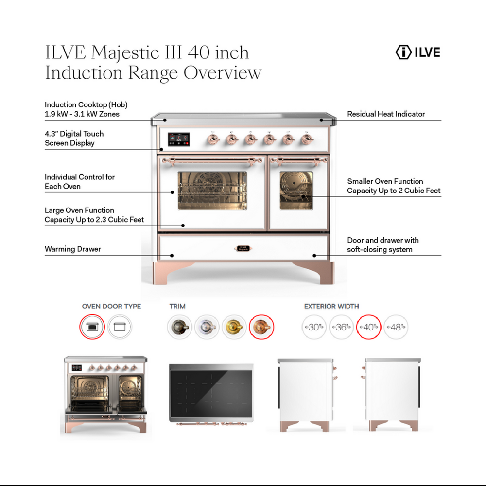 ILVE UMDIB40QNR3SSP Majestic III 40 inch Induction Range with 6 Elements, 3.82 cu. ft. Total Oven Capacity (Solid Door, Stainless Steel, Copper) 2 ILVE UMDIB40N Majestic III 40 inch Induction Range with 6 Elements, 3.82 cu. ft. Total Oven Capacity