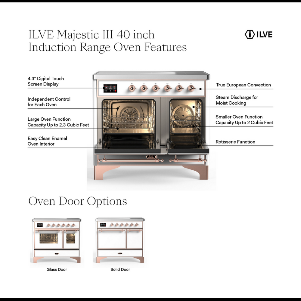 ILVE UMDIB40QNR3SSP Majestic III 40 inch Induction Range with 6 Elements, 3.82 cu. ft. Total Oven Capacity (Solid Door, Stainless Steel, Copper) 3 ILVE UMDIB40N Majestic III 40 inch Induction Range with 6 Elements, 3.82 cu. ft. Total Oven Capacity