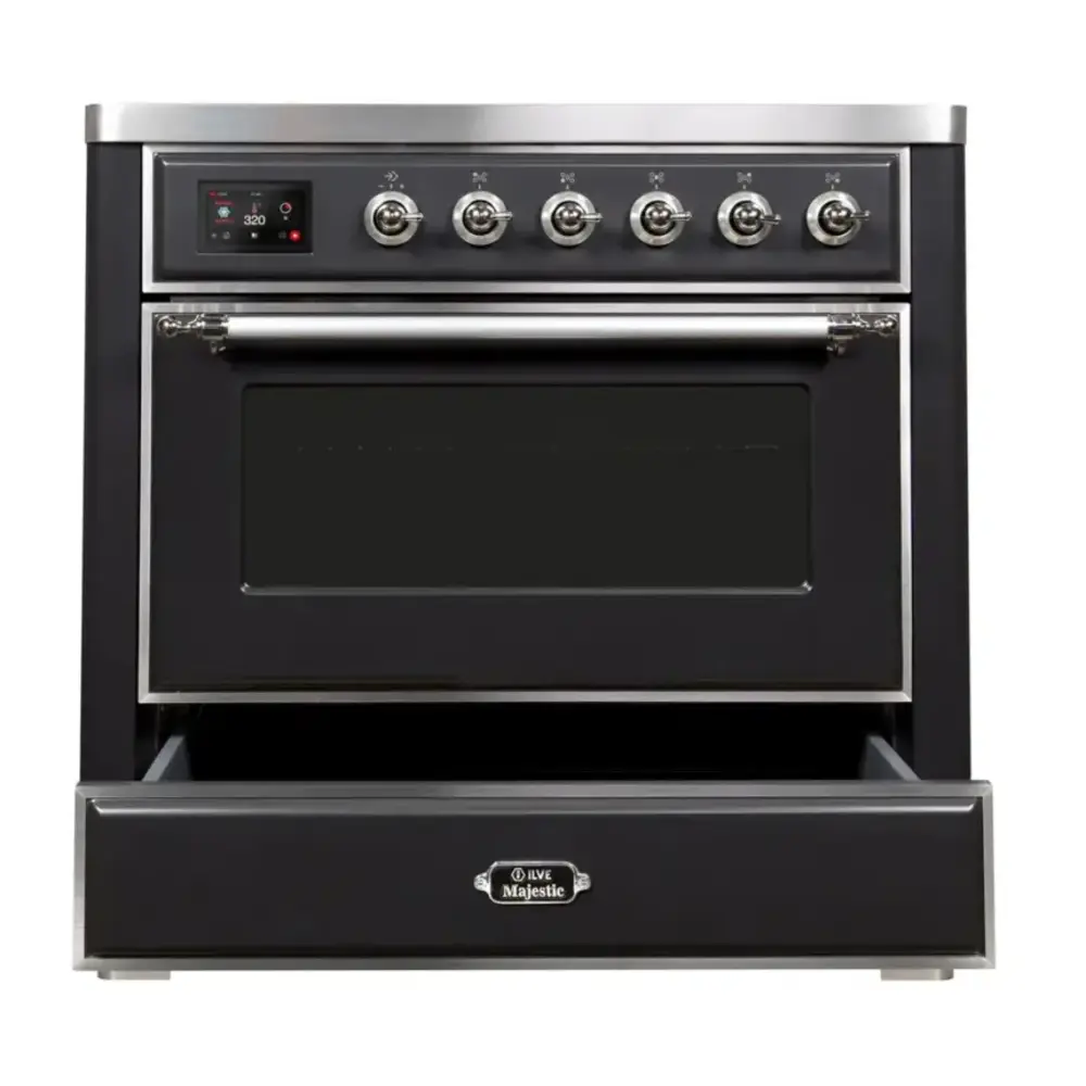 ILVE_UMI09NS3BKC_Majestic_II_36"_Induction_Range_drawer_opened