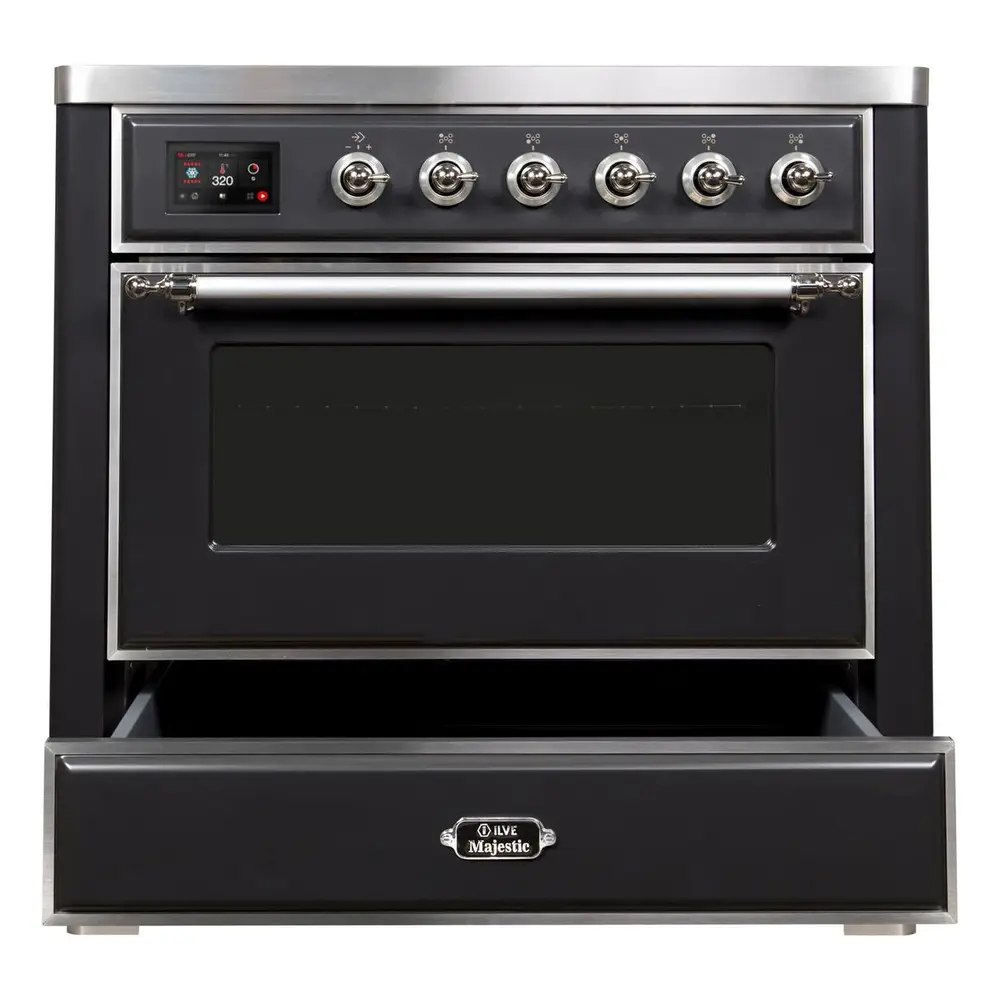 ILVE_UMI09NS3BKC_Majestic_II_36"_Induction_Range_drawer_opened