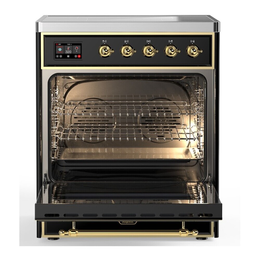 ILVE UMI30NE3BKG Majestic II 30 inch Induction Range with 4 Elements, 4 cu. ft. Oven Capacity (Triple Glass Door, Glossy Black, Brass) 5 ILVE_UMI30NE3BKG_Majestic_II_30"_Induction_Range_Front_View
