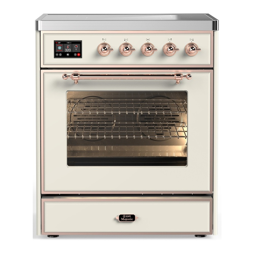 ILVE UMIB30NR3AWP Majestic III 30 inch Induction Range with 4 Elements, 4 cu. ft. Oven Capacity (Triple Glass Door, Antique White, Copper) 1 UMIB30NR3AWP