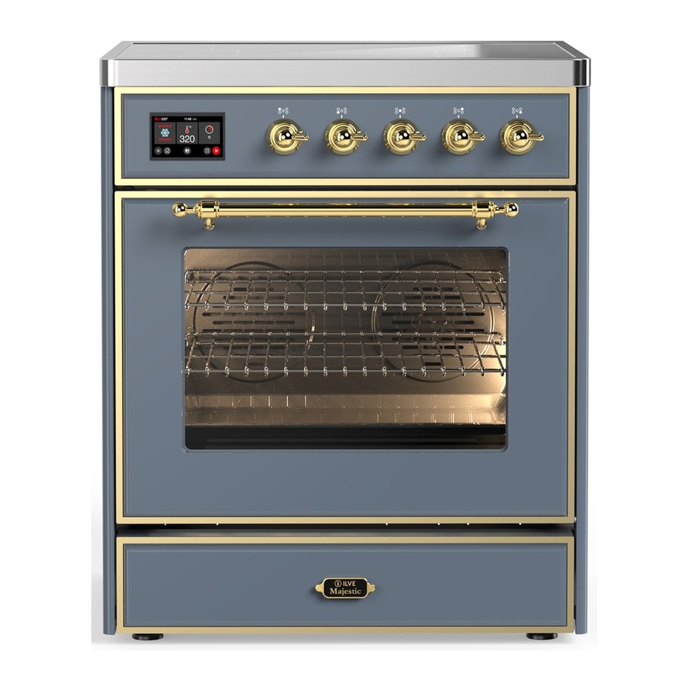 ILVE UMIB30NR3BGG Majestic III 30 inch Induction Range with 4 Elements, 4 cu. ft. Oven Capacity (Triple Glass Door, Blue Grey, Brass) 1 UMIB30NR3BGG