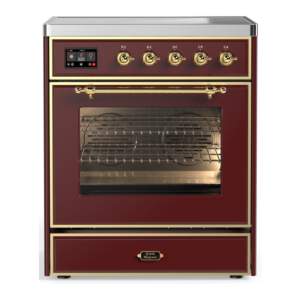 ILVE UMIB30NR3BUG Majestic III 30 inch Induction Range with 4 Elements, 4 cu. ft. Oven Capacity (Triple Glass Door, Burgundy, Brass) 1 UMIB30NR3BUG