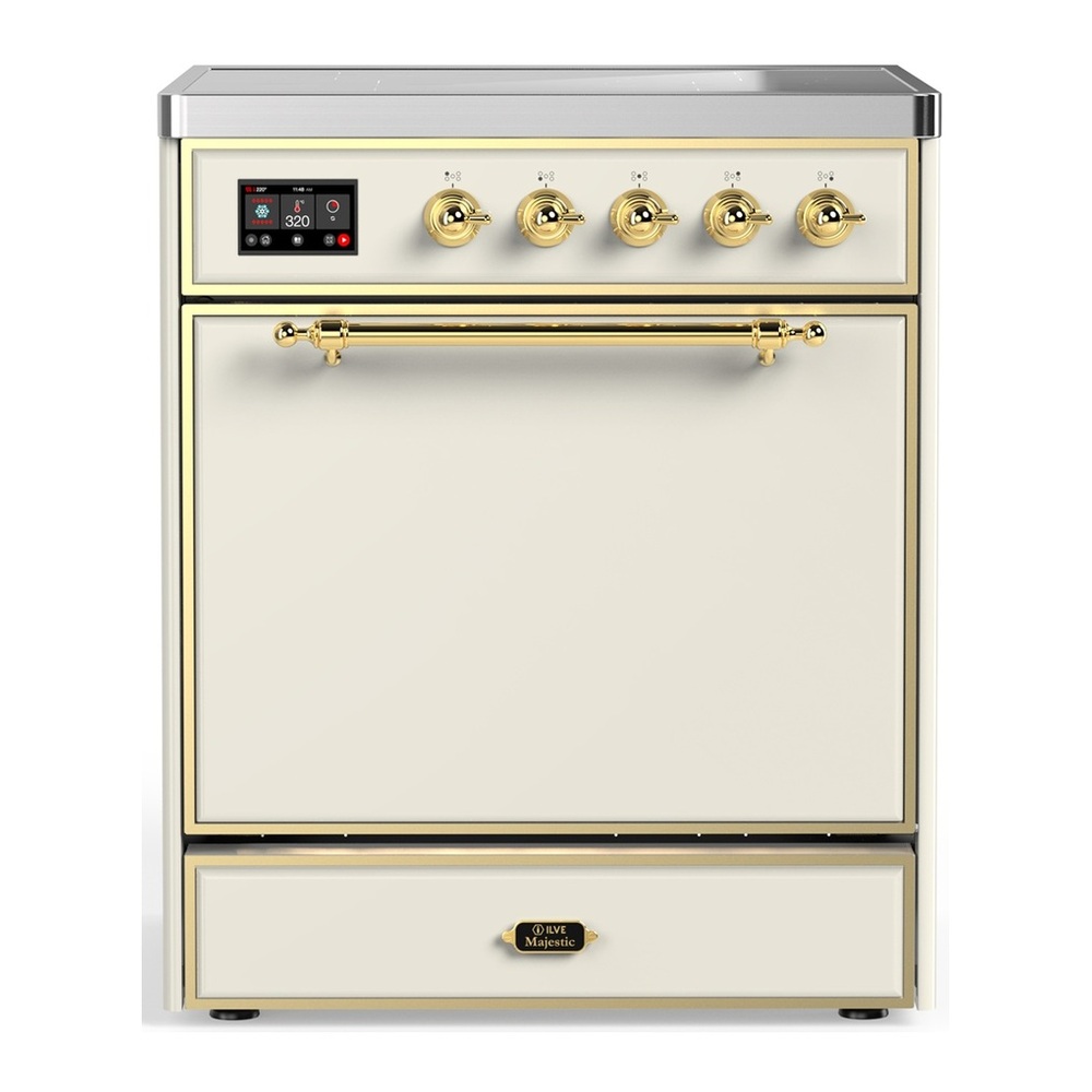 ILVE UMIB30QNR3AWG Majestic III 30 inch Induction Range with 4 Elements, 4 cu. ft. Oven Capacity (Solid Door, Antique White, Brass) 1 UMIB30QNR3AWG