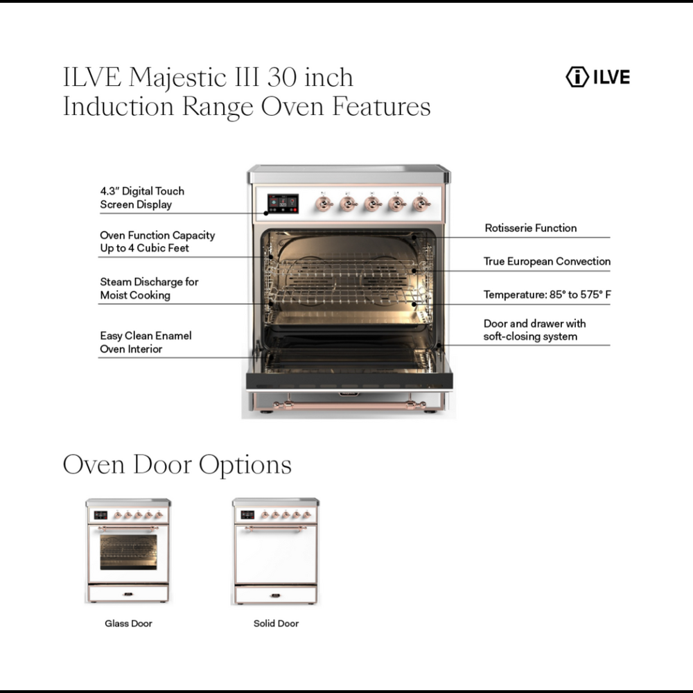 ILVE UMIB30QNR3BKP Majestic III 30 inch Induction Range with 4 Elements, 4 cu. ft. Oven Capacity (Solid Door, Glossy Black, Copper) 3 ILVE UMIB30N Majestic III 30 inch Induction Range with 4 Elements, 4 cu. ft. Oven Capacity