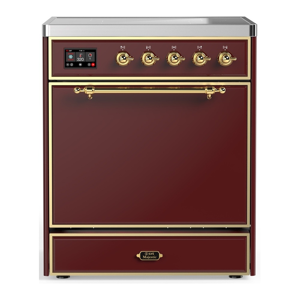 ILVE UMIB30QNR3BUG Majestic III 30 inch Induction Range with 4 Elements, 4 cu. ft. Oven Capacity (Solid Door, Burgundy, Brass) 1 UMIB30QNR3BUG