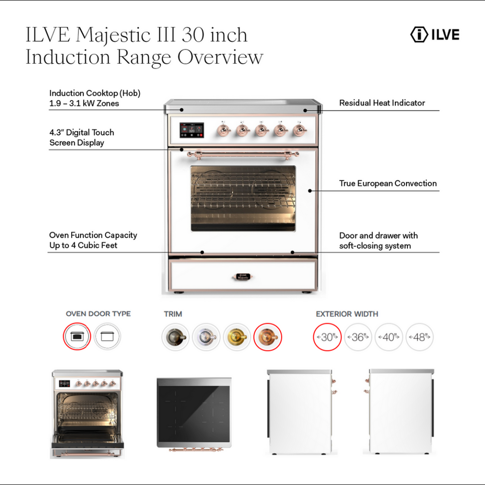 ILVE UMIB30QNR3MBG Majestic III 30 inch Induction Range with 4 Elements, 4 cu. ft. Oven Capacity (Solid Door, Midnight Blue, Brass) 2 ILVE UMIB30N Majestic III 30 inch Induction Range with 4 Elements, 4 cu. ft. Oven Capacity