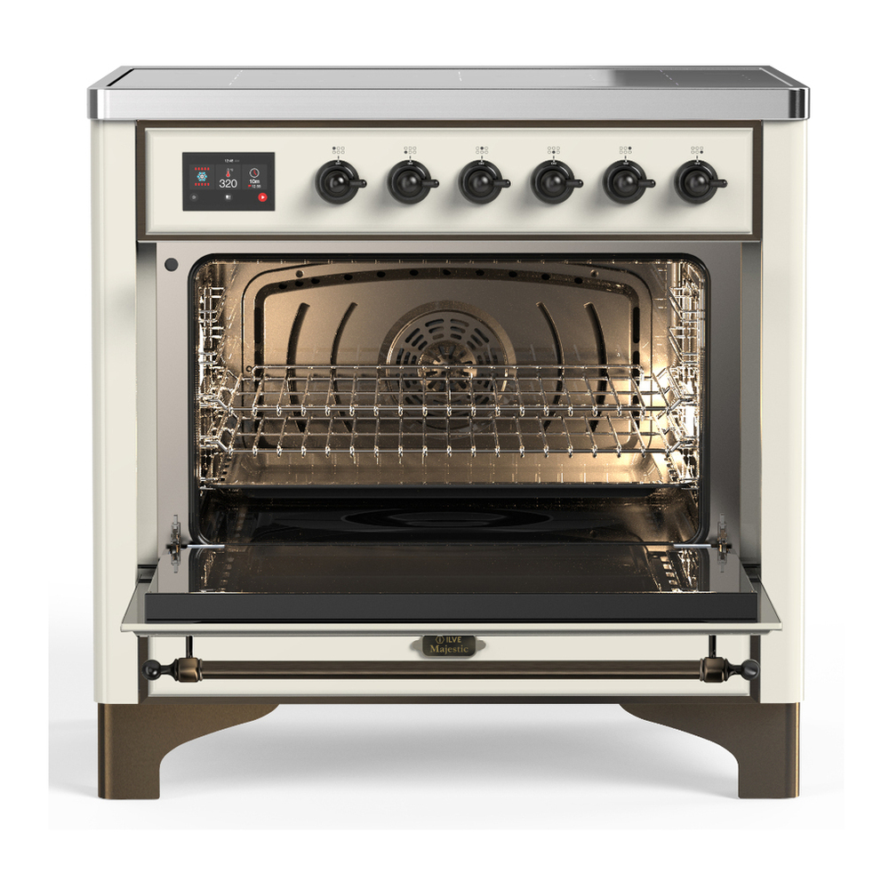 ILVE UMIB36NR3AWB Majestic III 36 inch Induction Range with 6 Elements, 3.5 cu. ft. Total Oven Capacity (Triple Glass Door, Antique White, Burnished) 2 ILVE-UMIB36NR3AWB-Open Door View