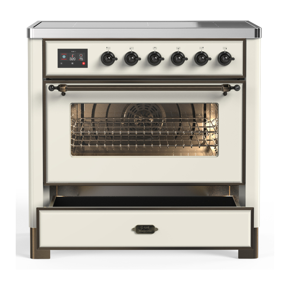 ILVE UMIB36NR3AWB Majestic III 36 inch Induction Range with 6 Elements, 3.5 cu. ft. Total Oven Capacity (Triple Glass Door, Antique White, Burnished) 3 ILVE-UMIB36NR3AWB-Drawer Open View