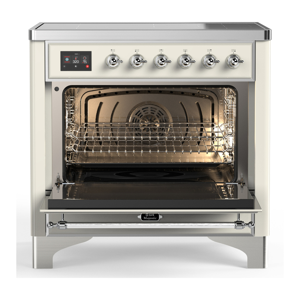 ILVE UMIB36NR3AWC Majestic III 36 inch Induction Range with 6 Elements, 3.5 cu. ft. Total Oven Capacity (Triple Glass Door, Antique White, Chrome) 2 ILVE-UMIB36NR3AWC-Open Door View