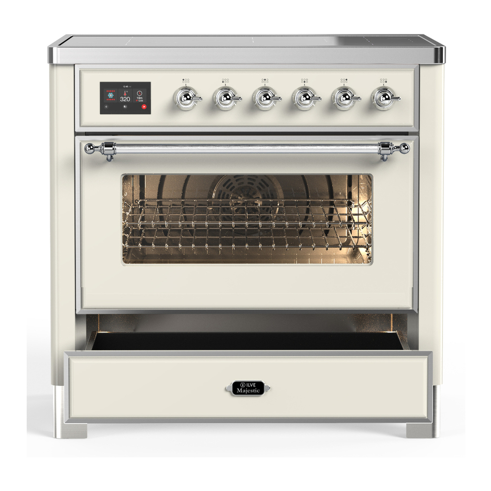 ILVE UMIB36NR3AWC Majestic III 36 inch Induction Range with 6 Elements, 3.5 cu. ft. Total Oven Capacity (Triple Glass Door, Antique White, Chrome) 3 ILVE-UMIB36NR3AWC-Drawer Open View