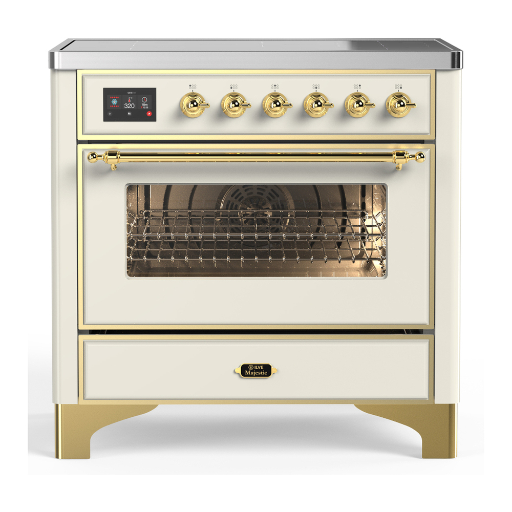 ILVE UMIB36NR3AWG Majestic III 36 inch Induction Range with 6 Elements, 3.5 cu. ft. Total Oven Capacity (Triple Glass Door, Antique White, Brass) 1 UMIB36NR3AWG