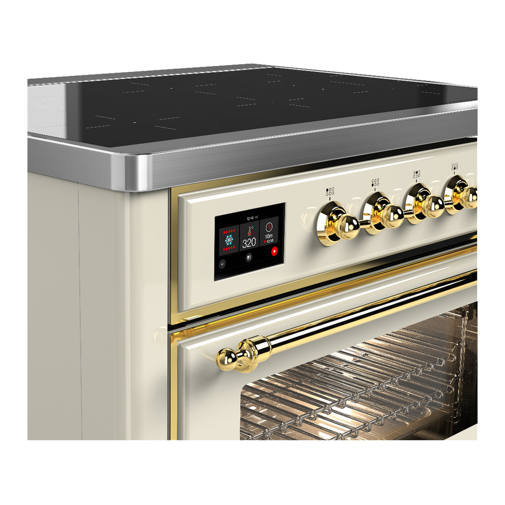 ILVE UMIB36NR3AWG Majestic III 36 inch Induction Range with 6 Elements, 3.5 cu. ft. Total Oven Capacity (Triple Glass Door, Antique White, Brass) 5 ILVE-UMIB36NR3AWG-Control Knobs View