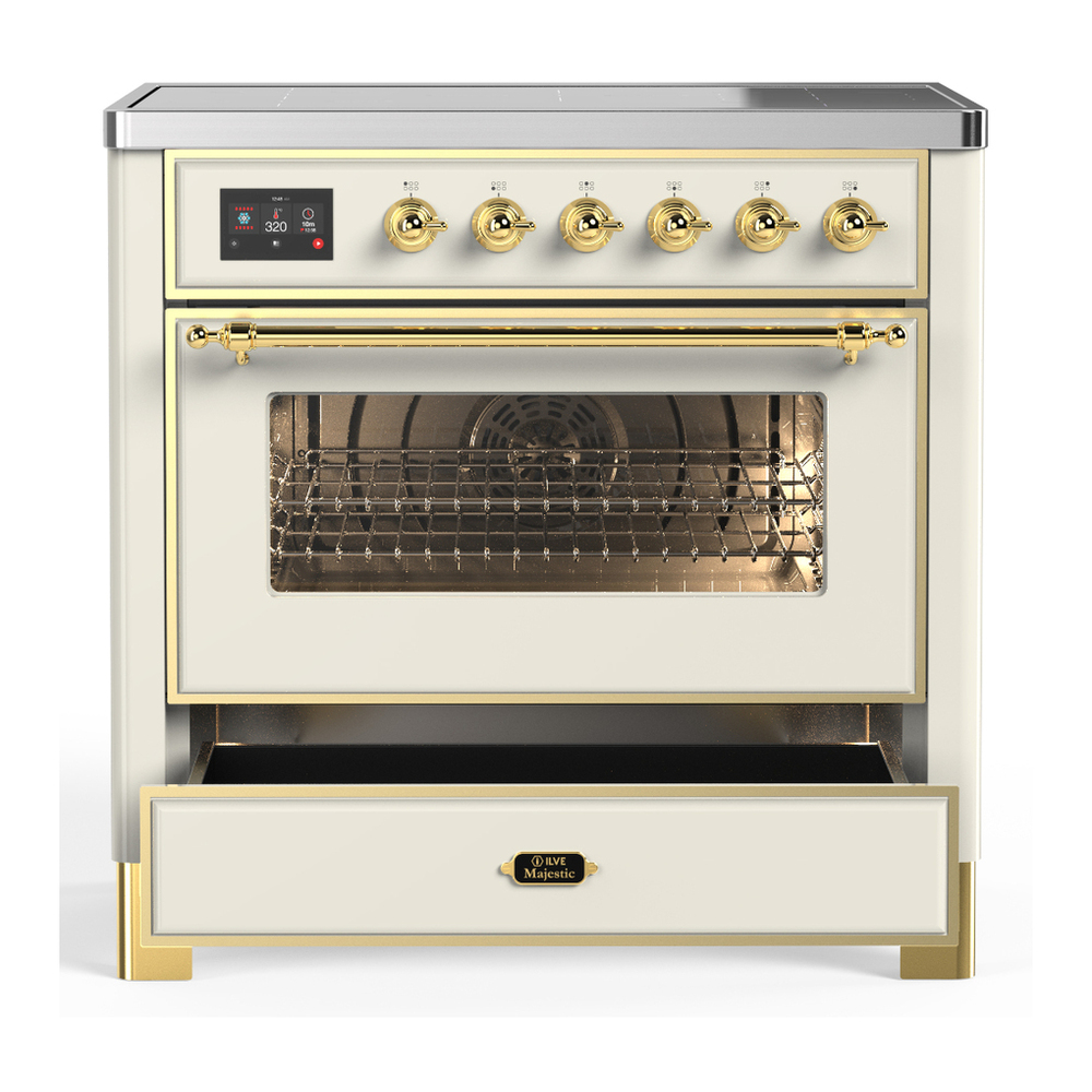 ILVE UMIB36NR3AWG Majestic III 36 inch Induction Range with 6 Elements, 3.5 cu. ft. Total Oven Capacity (Triple Glass Door, Antique White, Brass) 3 ILVE-UMIB36NR3AWG-Drawer Open View