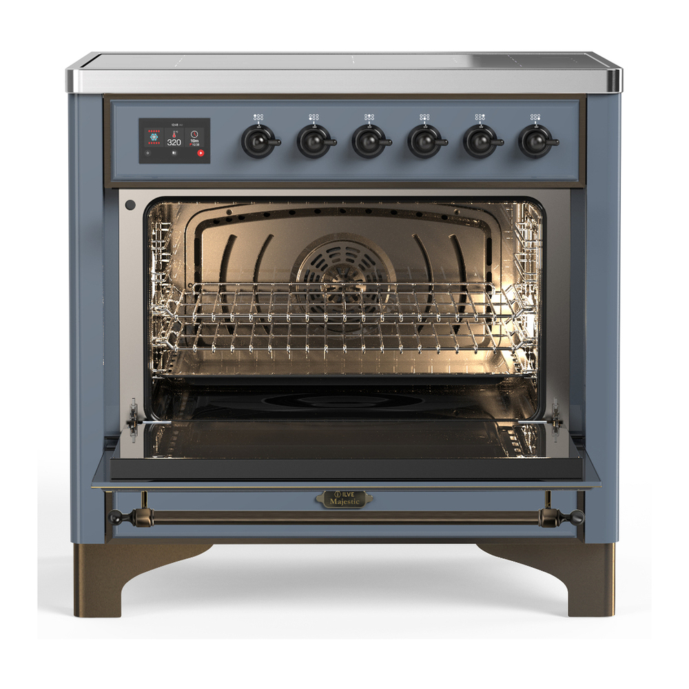 ILVE UMIB36NR3BGB Majestic III 36 inch Induction Range with 6 Elements, 3.5 cu. ft. Total Oven Capacity (Triple Glass Door, Blue Grey, Burnished) 2 ILVE-UMIB36NR3BGB-Open Door View