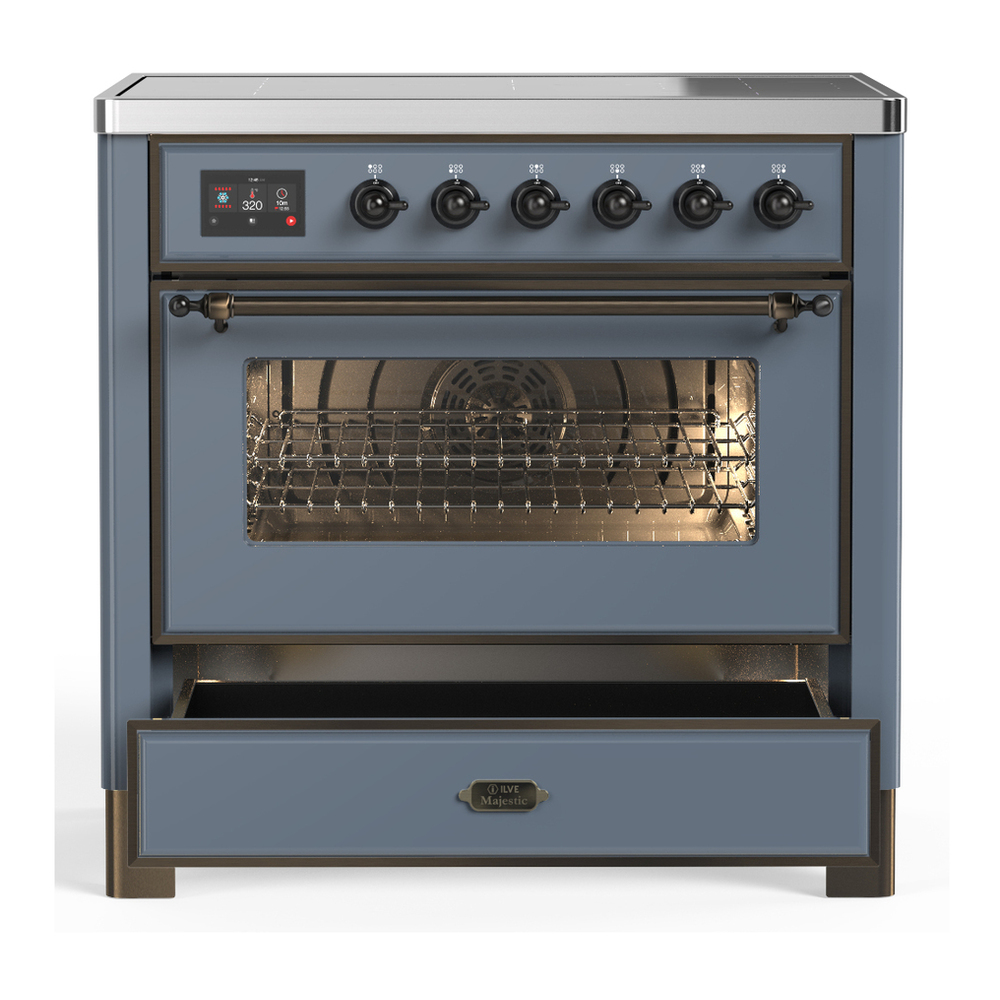 ILVE UMIB36NR3BGB Majestic III 36 inch Induction Range with 6 Elements, 3.5 cu. ft. Total Oven Capacity (Triple Glass Door, Blue Grey, Burnished) 3 ILVE-UMIB36NR3BGB-Drawer Open View