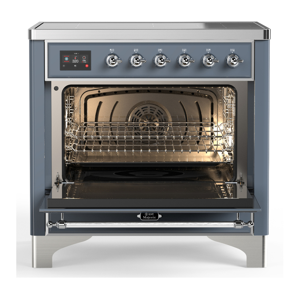 ILVE UMIB36NR3BGC Majestic III 36 inch Induction Range with 6 Elements, 3.5 cu. ft. Total Oven Capacity (Triple Glass Door, Blue Grey, Chrome) 2 ILVE-UMIB36NR3BGC-Open Door View