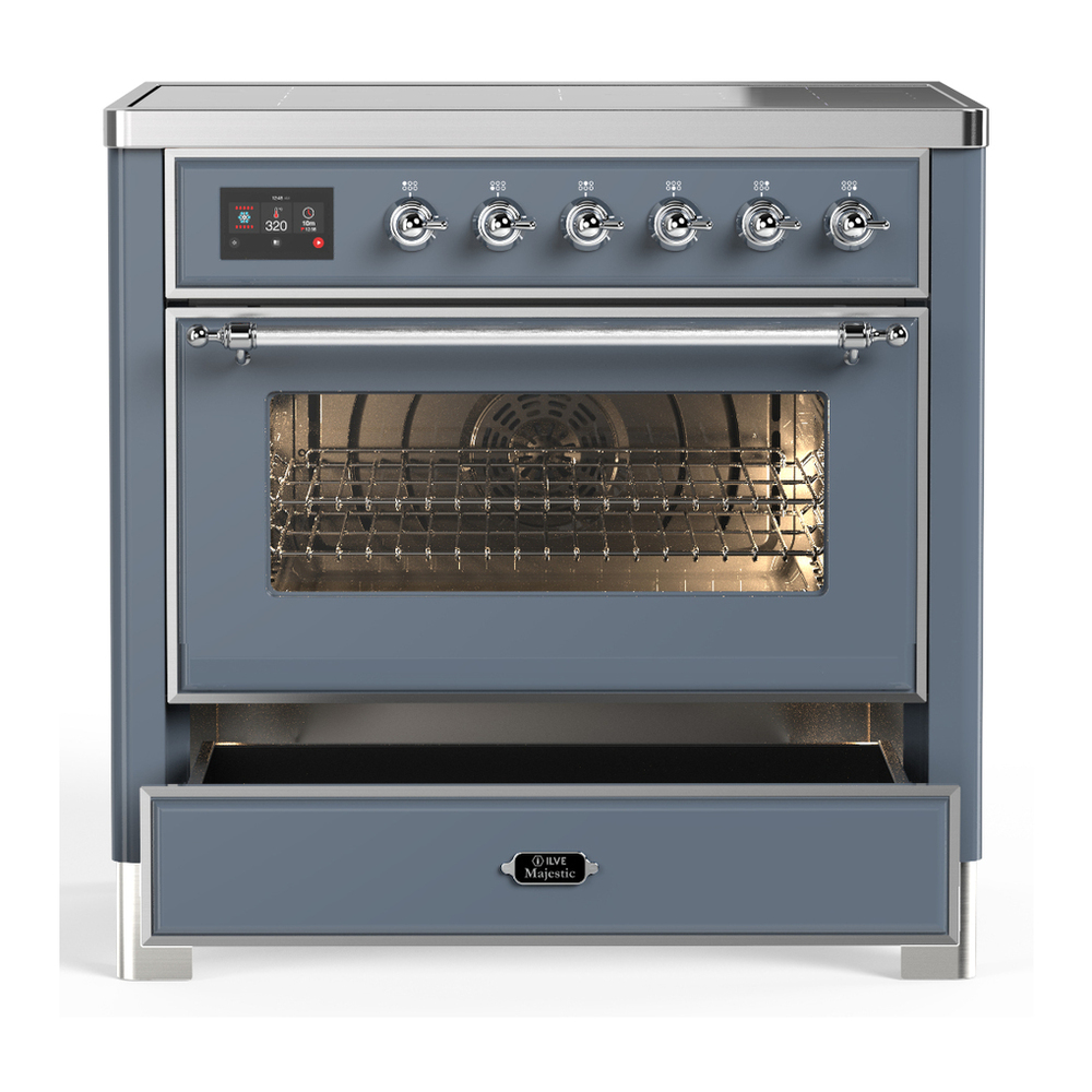 ILVE UMIB36NR3BGC Majestic III 36 inch Induction Range with 6 Elements, 3.5 cu. ft. Total Oven Capacity (Triple Glass Door, Blue Grey, Chrome) 3 ILVE-UMIB36NR3BGC-Drawer Open View