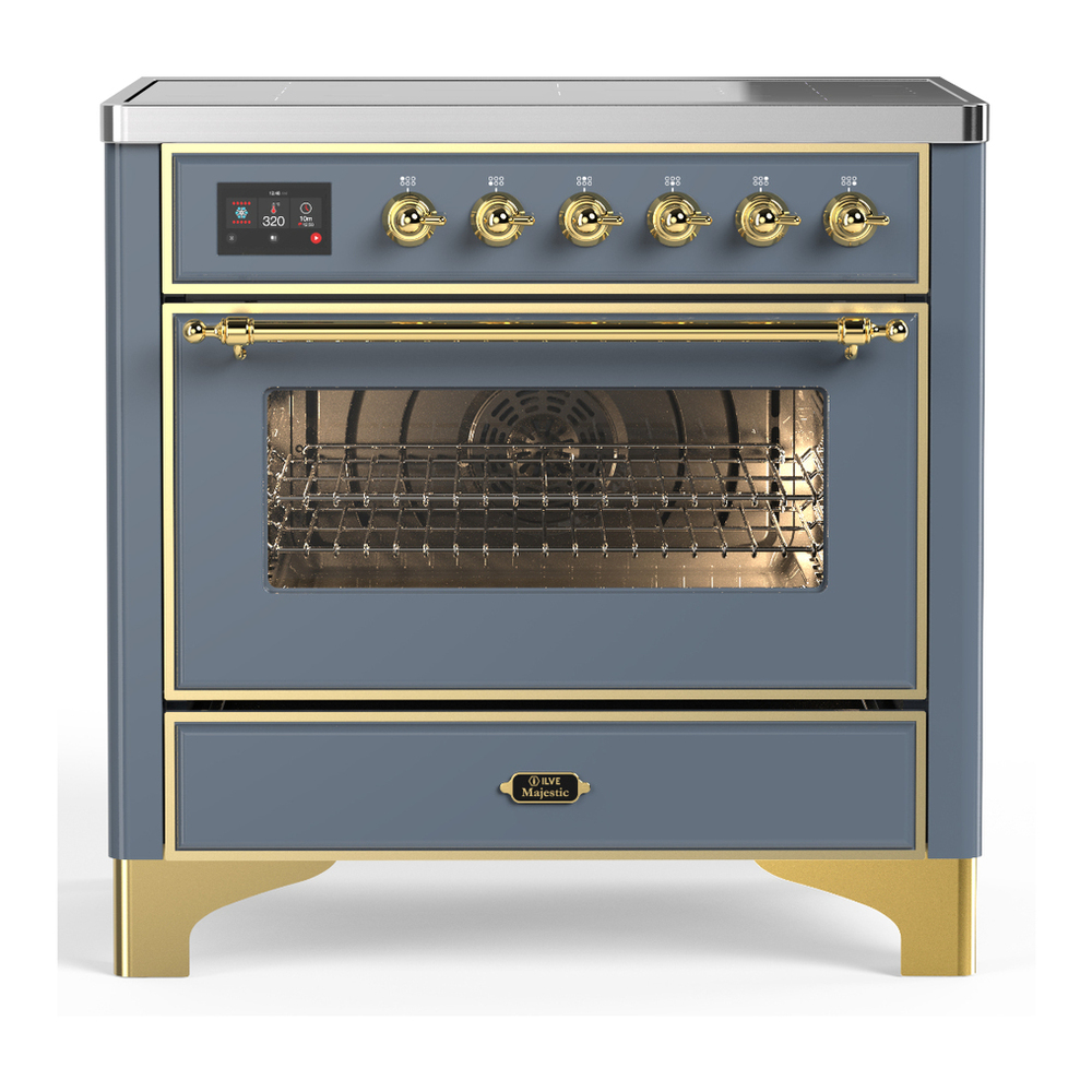 ILVE UMIB36NR3BGG Majestic III 36 inch Induction Range with 6 Elements, 3.5 cu. ft. Total Oven Capacity (Triple Glass Door, Blue Grey, Brass) 1 UMIB36NR3BGG