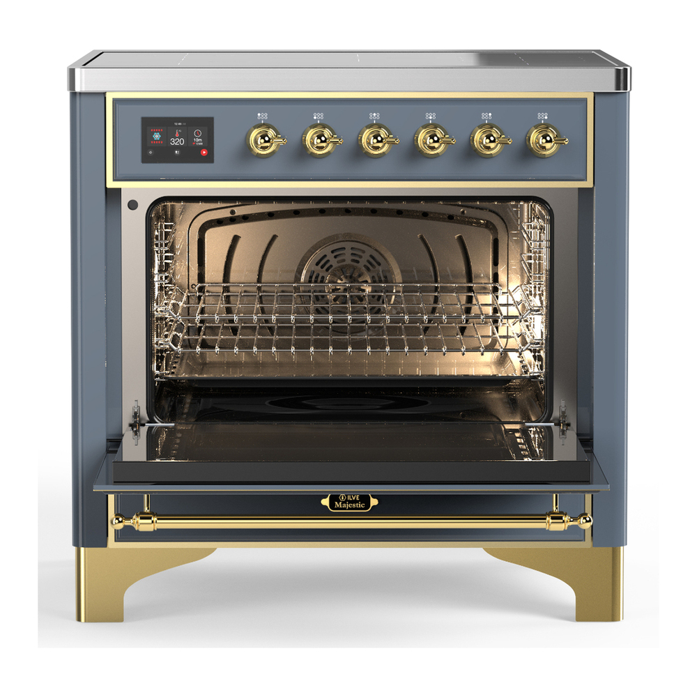 ILVE UMIB36NR3BGG Majestic III 36 inch Induction Range with 6 Elements, 3.5 cu. ft. Total Oven Capacity (Triple Glass Door, Blue Grey, Brass) 2 ILVE-UMIB36NR3BGG-Open Door View