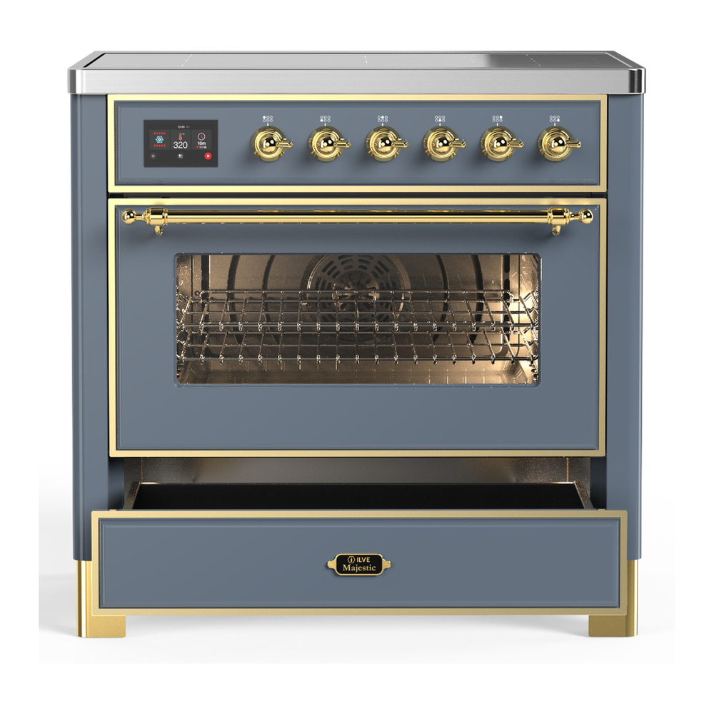 ILVE UMIB36NR3BGG Majestic III 36 inch Induction Range with 6 Elements, 3.5 cu. ft. Total Oven Capacity (Triple Glass Door, Blue Grey, Brass) 3 ILVE-UMIB36NR3BGG-Drawer Open View