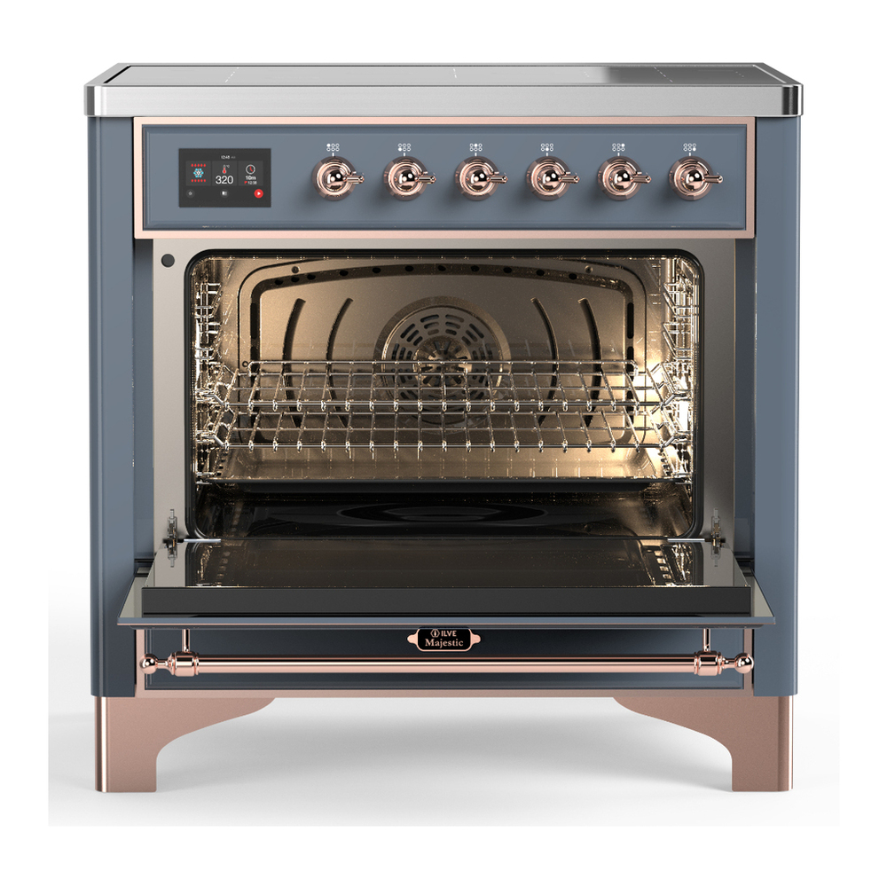 ILVE UMIB36NR3BGP Majestic III 36 inch Induction Range with 6 Elements, 3.5 cu. ft. Total Oven Capacity (Triple Glass Door, Blue Grey, Copper) 2 ILVE-UMIB36NR3BGP-Open Door View