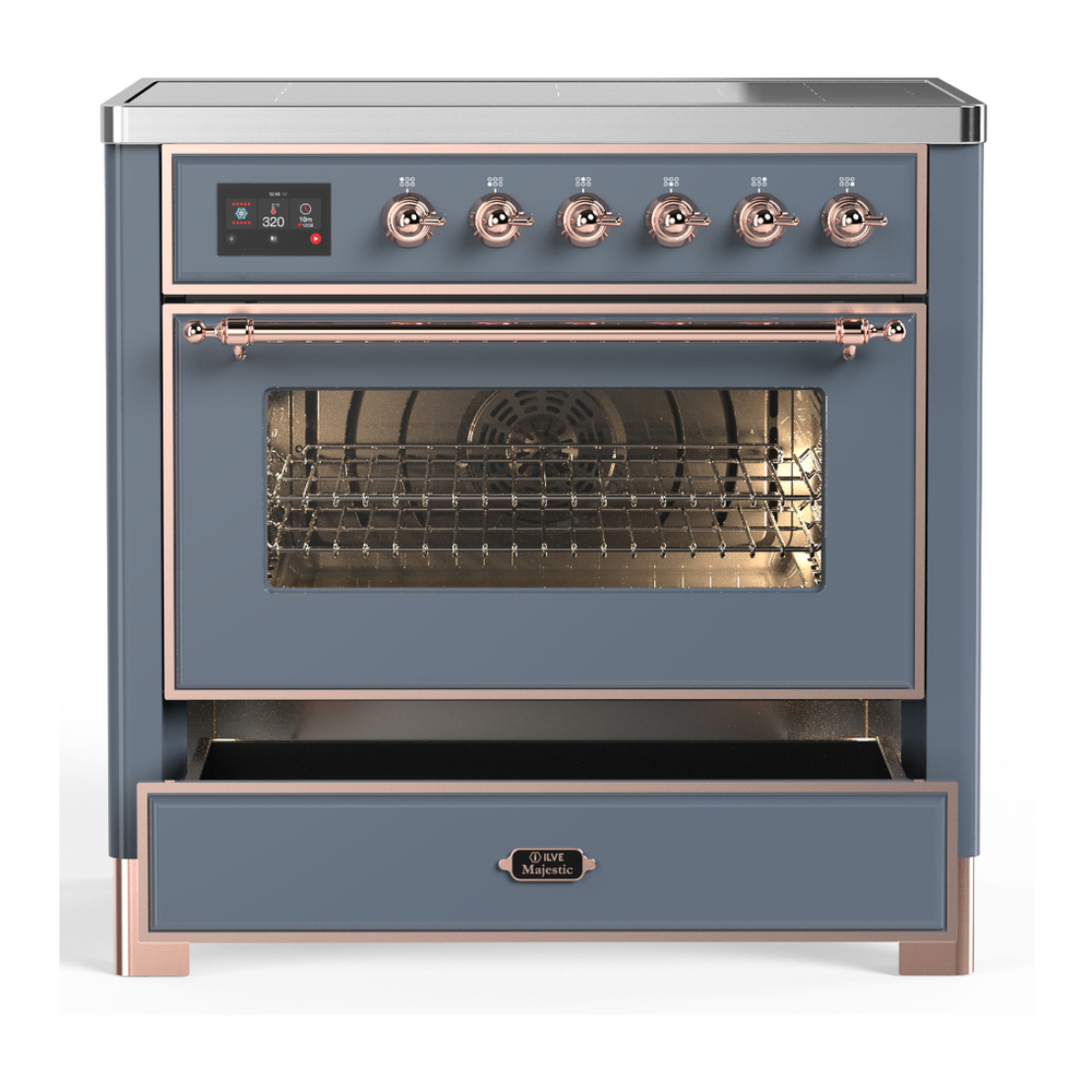 ILVE UMIB36NR3BGP Majestic III 36 inch Induction Range with 6 Elements, 3.5 cu. ft. Total Oven Capacity (Triple Glass Door, Blue Grey, Copper) 3 ILVE-UMIB36NR3BGP-Drawer Open View
