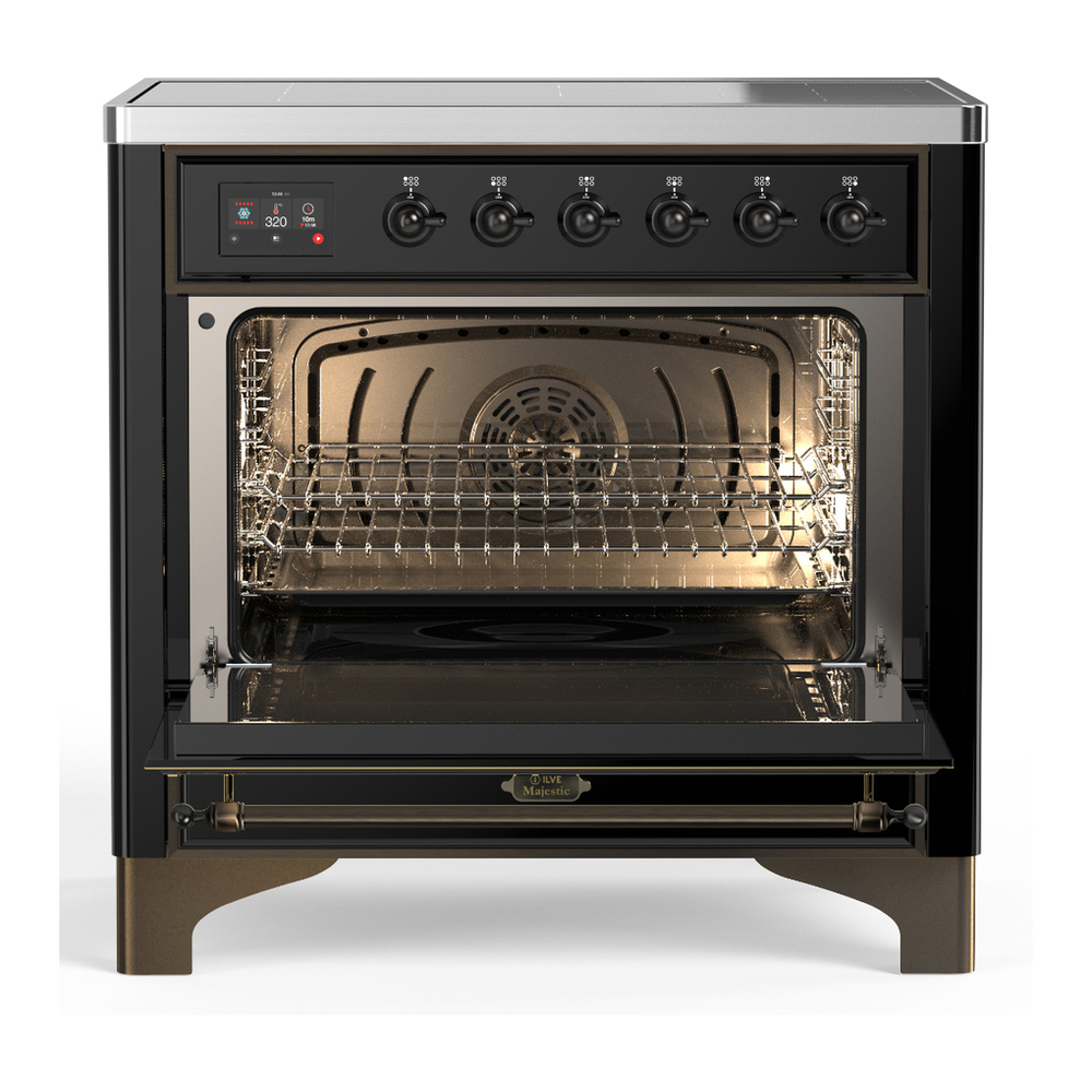 ILVE UMIB36NR3BKB Majestic III 36 inch Induction Range with 6 Elements, 3.5 cu. ft. Total Oven Capacity (Triple Glass Door, Glossy Black, Burnished) 2 ILVE-UMIB36NR3BKB-Open Door View