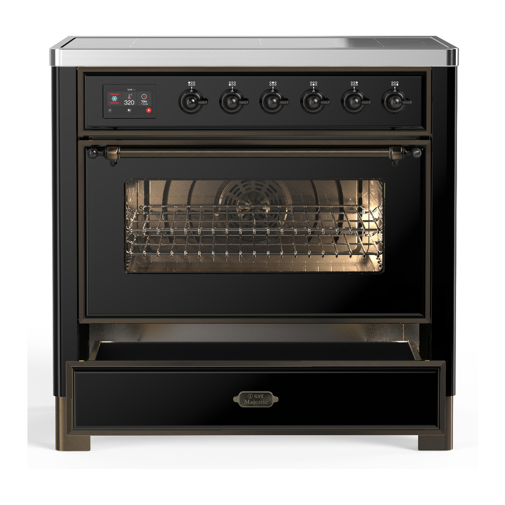 ILVE UMIB36NR3BKB Majestic III 36 inch Induction Range with 6 Elements, 3.5 cu. ft. Total Oven Capacity (Triple Glass Door, Glossy Black, Burnished) 3 ILVE-UMIB36NR3BKB-Drawer Open View