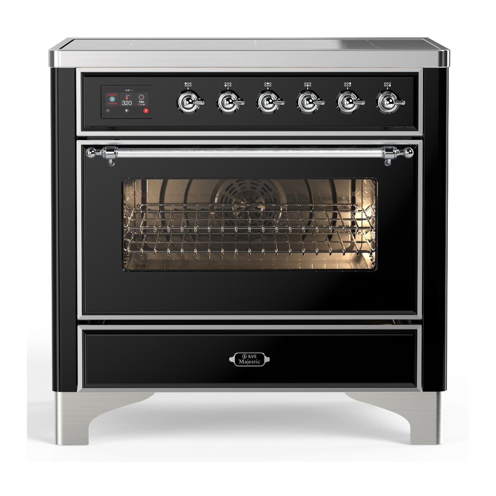 ILVE UMIB36NR3BKC Majestic III 36 inch Induction Range with 6 Elements, 3.5 cu. ft. Total Oven Capacity (Triple Glass Door, Glossy Black, Chrome) 1 UMIB36NR3BKC