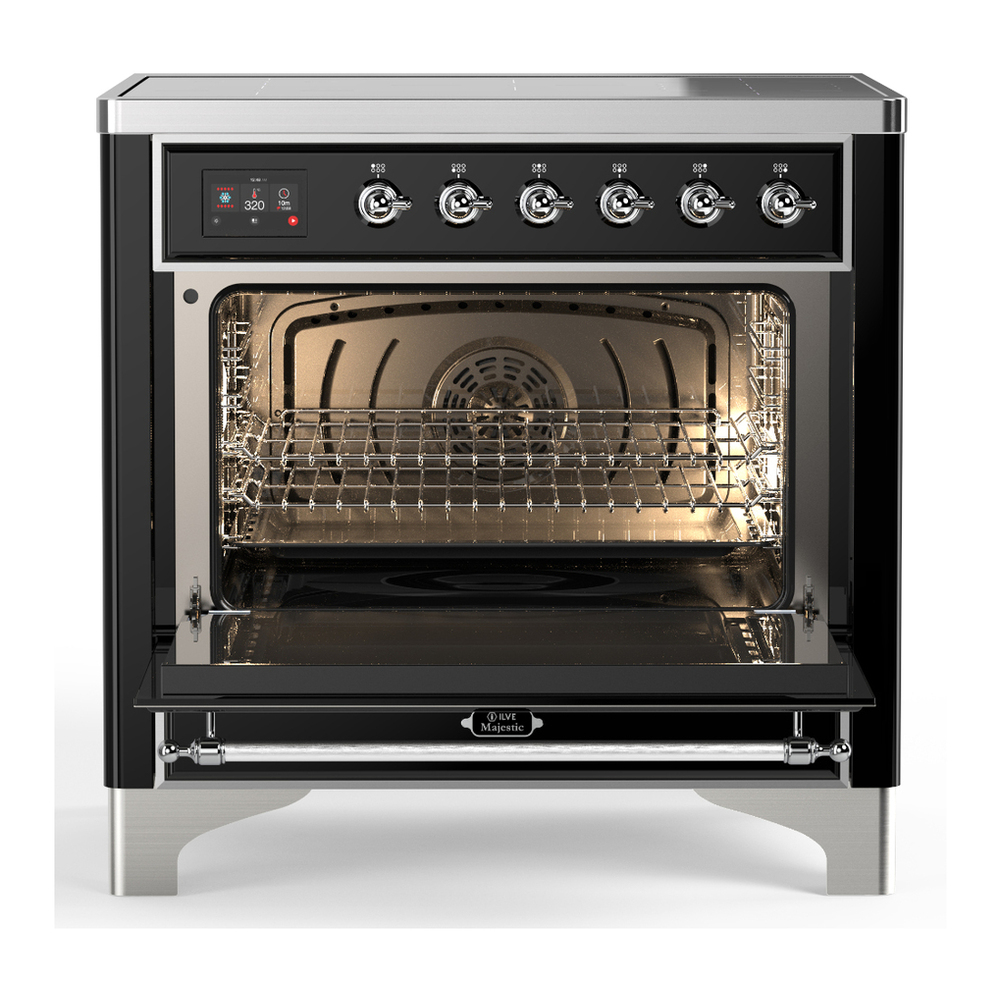 ILVE UMIB36NR3BKC Majestic III 36 inch Induction Range with 6 Elements, 3.5 cu. ft. Total Oven Capacity (Triple Glass Door, Glossy Black, Chrome) 2 ILVE-UMIB36NR3BKC-Open Door View
