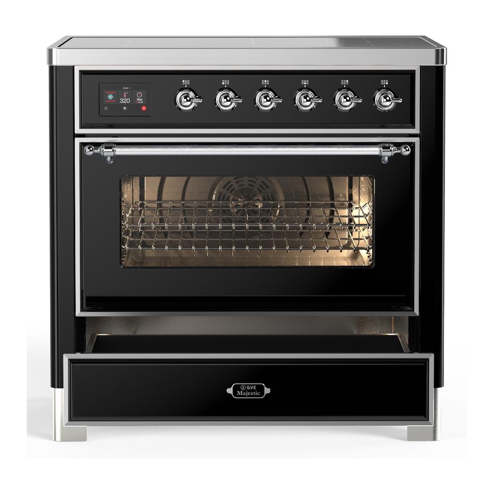 ILVE UMIB36NR3BKC Majestic III 36 inch Induction Range with 6 Elements, 3.5 cu. ft. Total Oven Capacity (Triple Glass Door, Glossy Black, Chrome) 3 ILVE-UMIB36NR3BKC-Drawer Open View