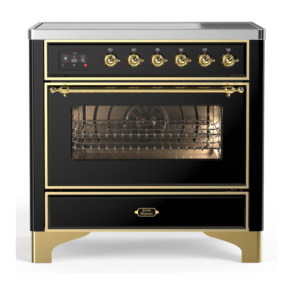 ILVE UMIB36NR3BKG Majestic III 36 inch Induction Range with 6 Elements, 3.5 cu. ft. Total Oven Capacity (Triple Glass Door, Glossy Black, Brass) 1 UMIB36NR3BKG