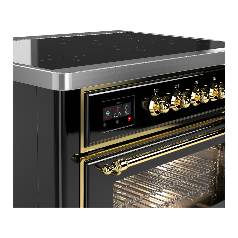 ILVE UMIB36NR3BKG Majestic III 36 inch Induction Range with 6 Elements, 3.5 cu. ft. Total Oven Capacity (Triple Glass Door, Glossy Black, Brass) 5 ILVE-UMIB36NR3BKG-Control Knobs View