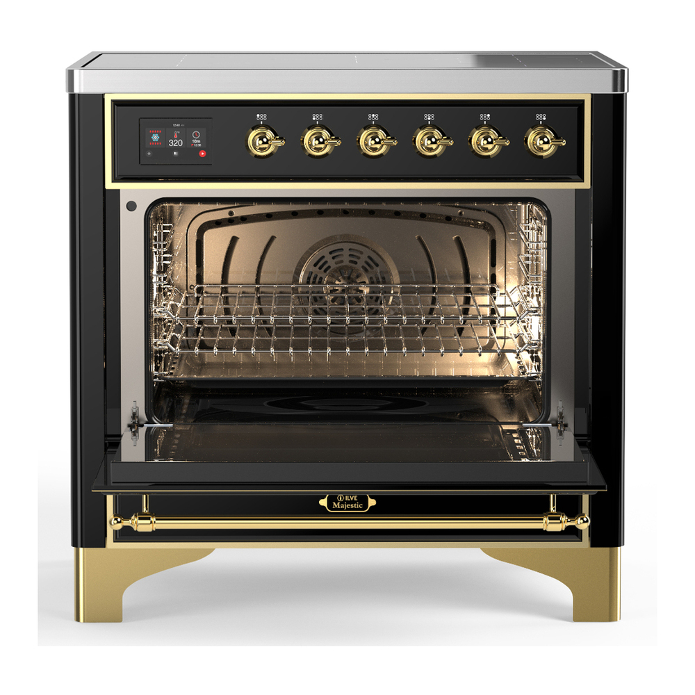ILVE UMIB36NR3BKG Majestic III 36 inch Induction Range with 6 Elements, 3.5 cu. ft. Total Oven Capacity (Triple Glass Door, Glossy Black, Brass) 2 ILVE-UMIB36NR3BKG-Open Door View