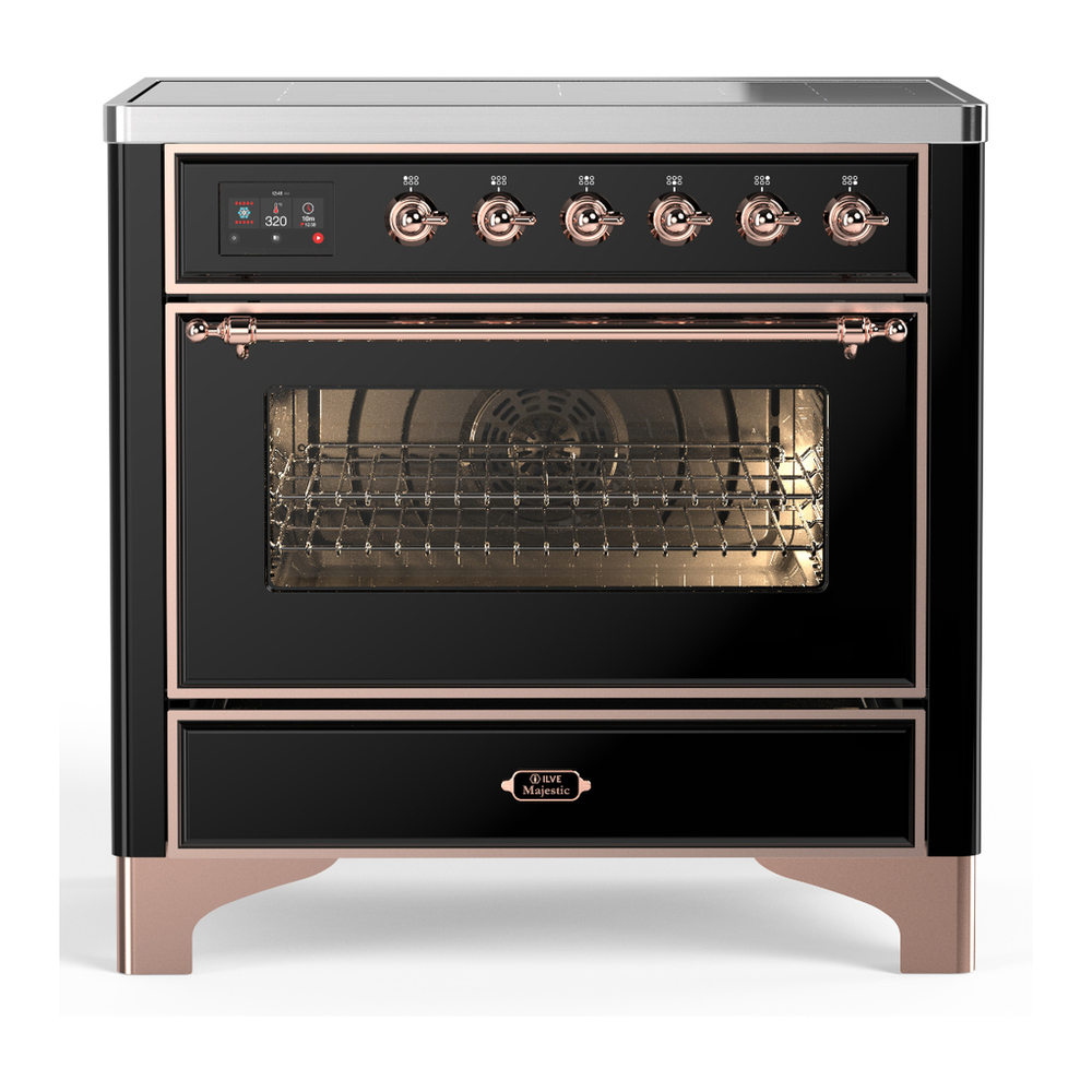 ILVE UMIB36NR3BKP Majestic III 36 inch Induction Range with 6 Elements, 3.5 cu. ft. Total Oven Capacity (Triple Glass Door, Glossy Black, Copper) 1 UMIB36NR3BKP