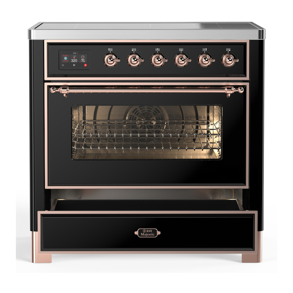 ILVE UMIB36NR3BKP Majestic III 36 inch Induction Range with 6 Elements, 3.5 cu. ft. Total Oven Capacity (Triple Glass Door, Glossy Black, Copper) 3 ILVE-UMIB36NR3BKP-Drawer Open View