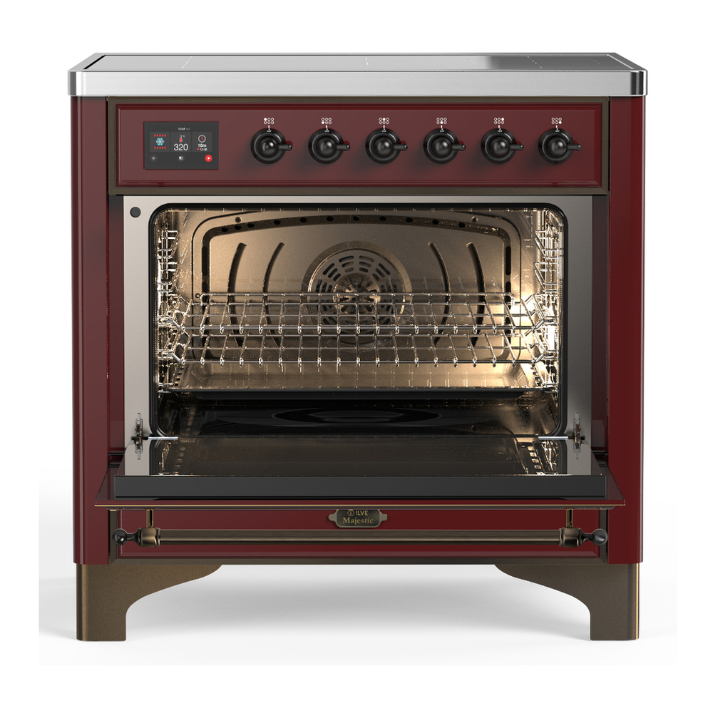 ILVE UMIB36NR3BUB Majestic III 36 inch Induction Range with 6 Elements, 3.5 cu. ft. Total Oven Capacity (Triple Glass Door, Burgundy, Burnished) 2 ILVE-UMIB36NR3BUB-Open Door View