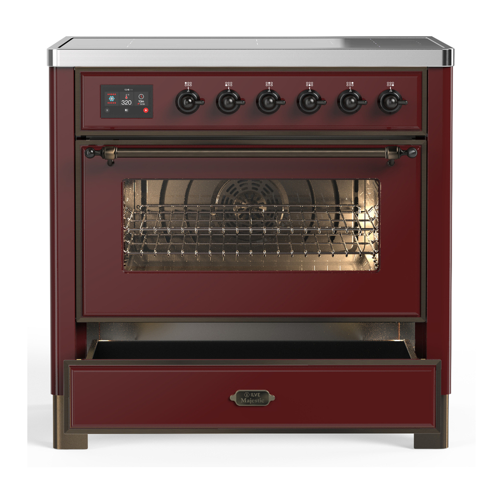 ILVE UMIB36NR3BUB Majestic III 36 inch Induction Range with 6 Elements, 3.5 cu. ft. Total Oven Capacity (Triple Glass Door, Burgundy, Burnished) 3 ILVE-UMIB36NR3BUB-Drawer Open View