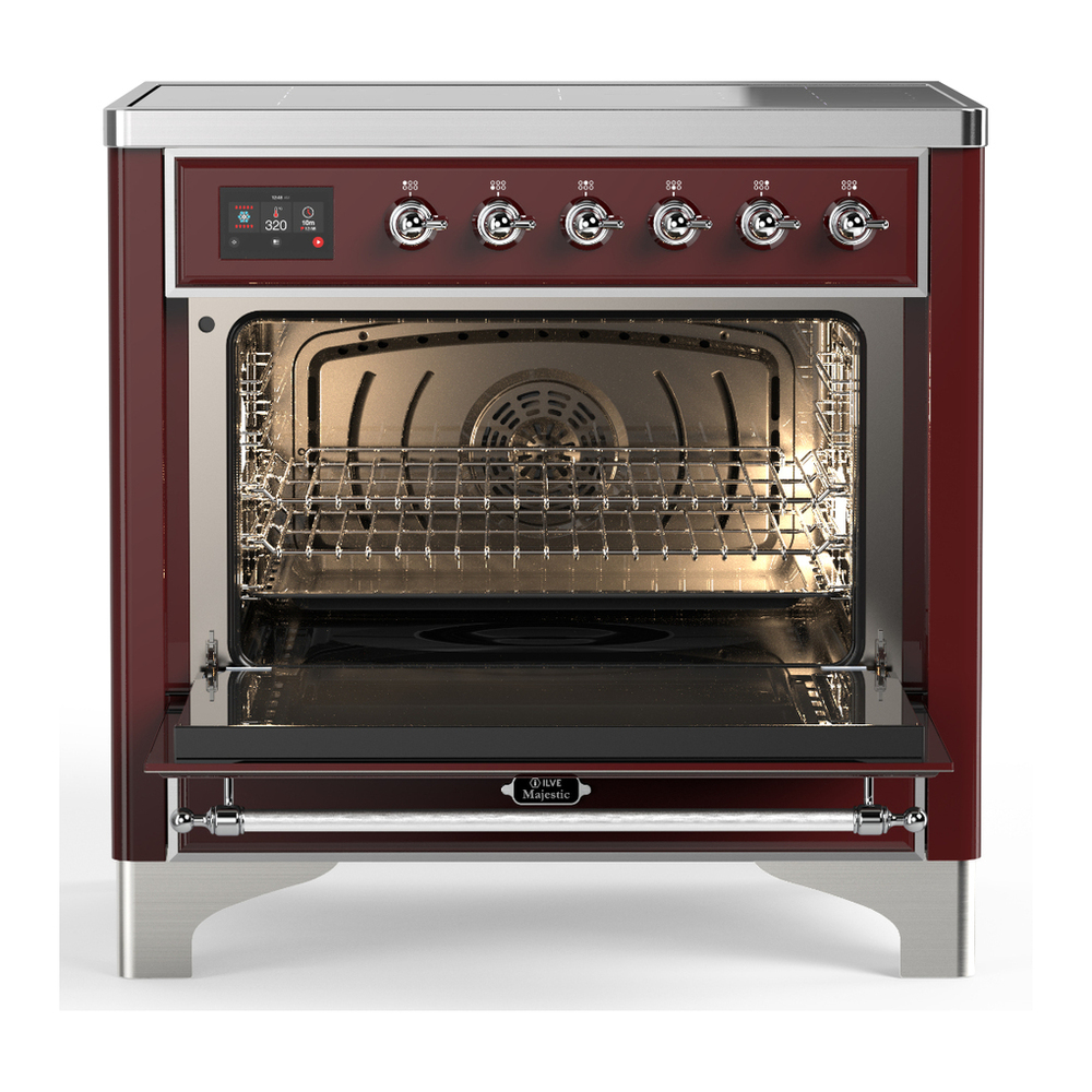 ILVE UMIB36NR3BUC Majestic III 36 inch Induction Range with 6 Elements, 3.5 cu. ft. Total Oven Capacity (Triple Glass Door, Burgundy, Chrome) 2 ILVE-UMIB36NR3BUC-Open Door View