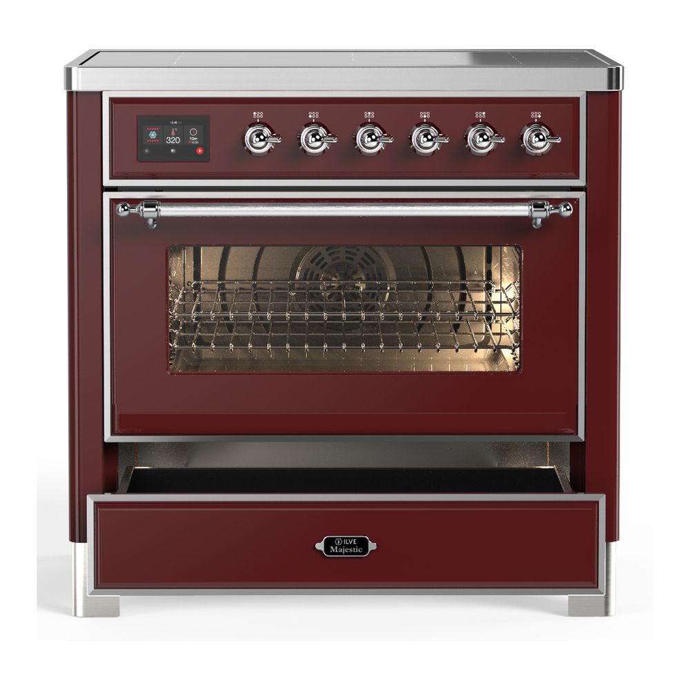 ILVE UMIB36NR3BUC Majestic III 36 inch Induction Range with 6 Elements, 3.5 cu. ft. Total Oven Capacity (Triple Glass Door, Burgundy, Chrome) 3 ILVE-UMIB36NR3BUC-Drawer Open View