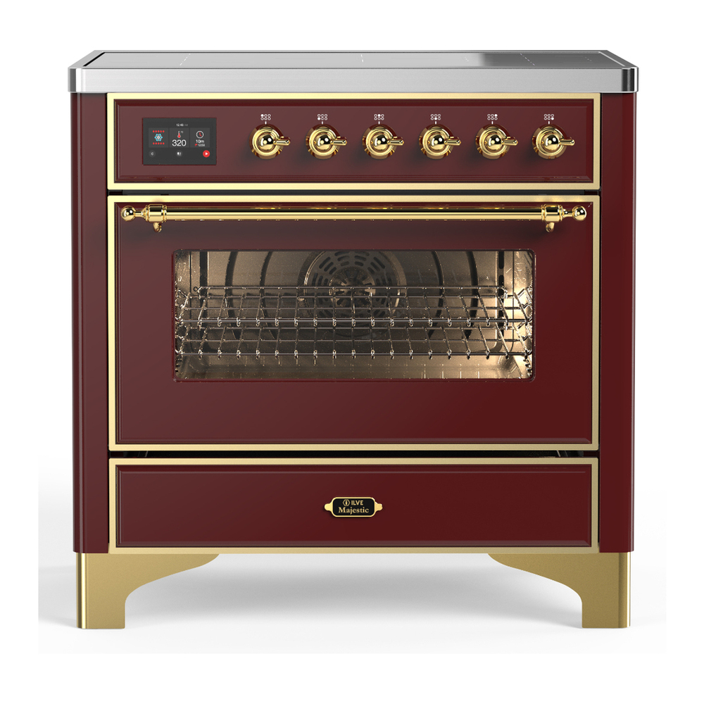 ILVE UMIB36NR3BUG Majestic III 36 inch Induction Range with 6 Elements, 3.5 cu. ft. Total Oven Capacity (Triple Glass Door, Burgundy, Brass) 1 UMIB36NR3BUG