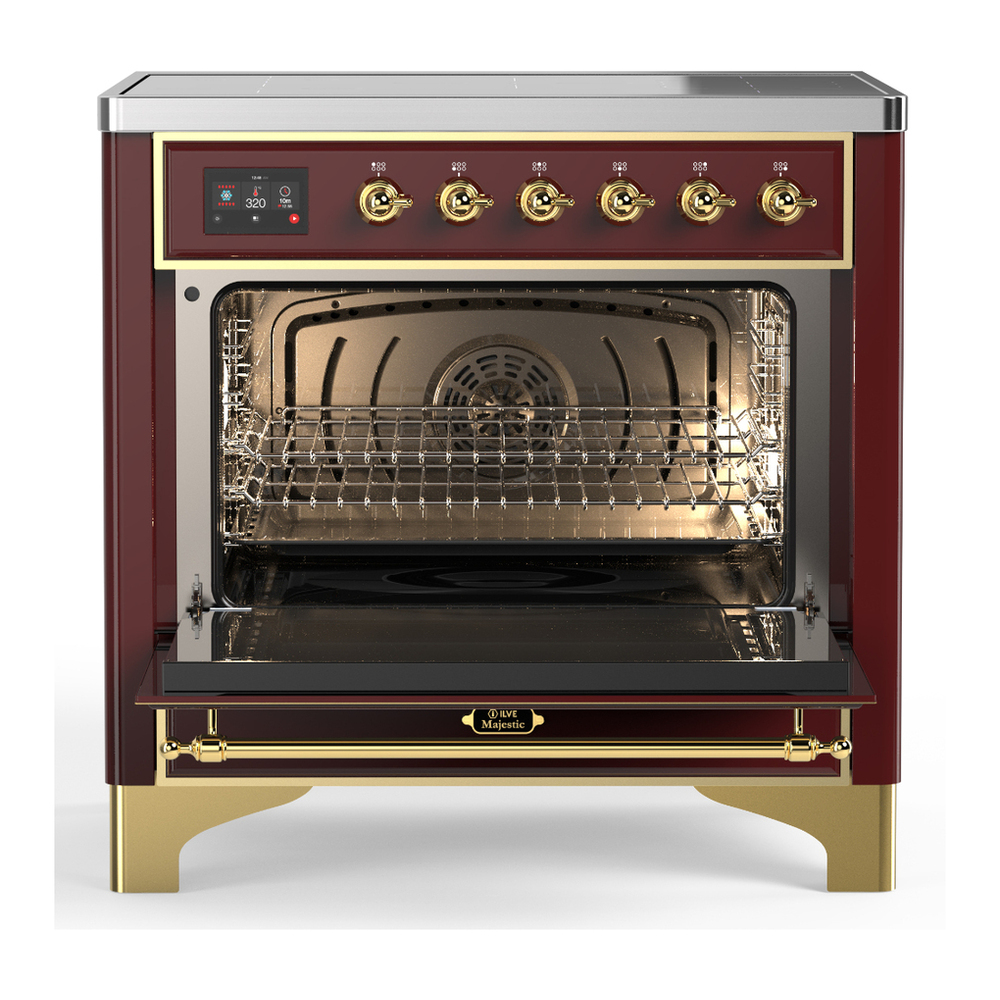 ILVE UMIB36NR3BUG Majestic III 36 inch Induction Range with 6 Elements, 3.5 cu. ft. Total Oven Capacity (Triple Glass Door, Burgundy, Brass) 2 ILVE-UMIB36NR3BUG-Open Door View