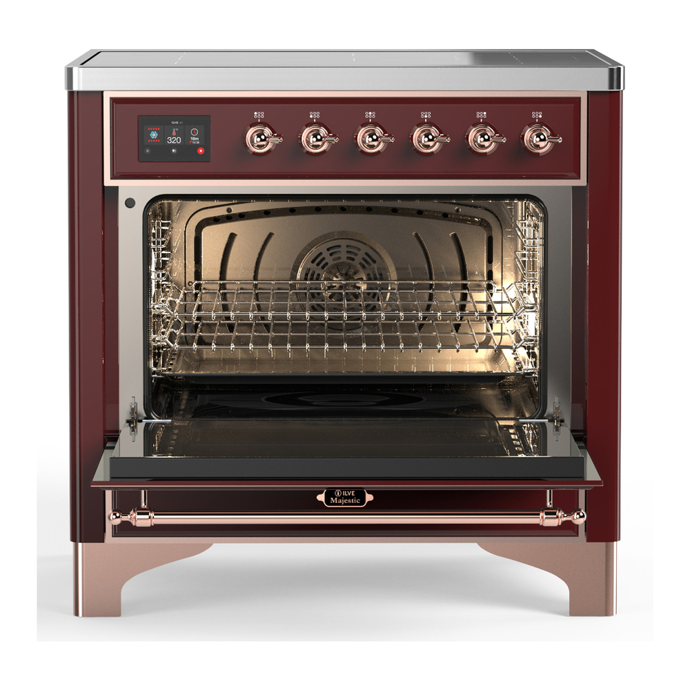 ILVE UMIB36NR3BUP Majestic III 36 inch Induction Range with 6 Elements, 3.5 cu. ft. Total Oven Capacity (Triple Glass Door, Burgundy, Copper) 2 ILVE-UMIB36NR3BUP-Open Door View
