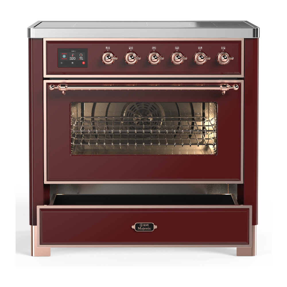 ILVE UMIB36NR3BUP Majestic III 36 inch Induction Range with 6 Elements, 3.5 cu. ft. Total Oven Capacity (Triple Glass Door, Burgundy, Copper) 3 ILVE-UMIB36NR3BUP-Drawer Open View