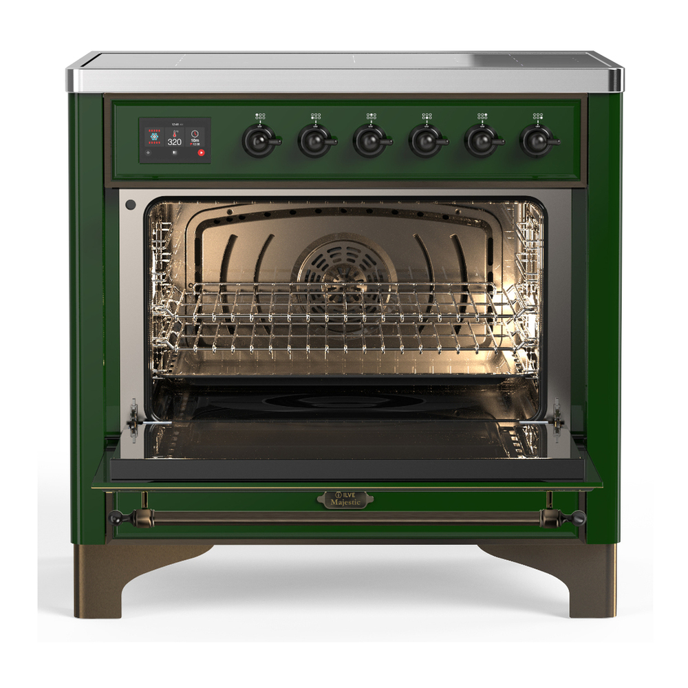 ILVE UMIB36NR3EGB Majestic III 36 inch Induction Range with 6 Elements, 3.5 cu. ft. Total Oven Capacity (Triple Glass Door, Emerald Green, Burnished) 2 ILVE-UMIB36NR3EGB-Open Door View