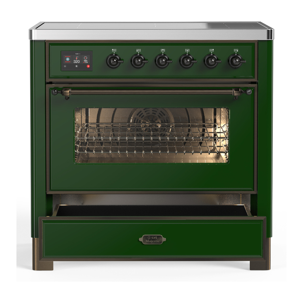 ILVE UMIB36NR3EGB Majestic III 36 inch Induction Range with 6 Elements, 3.5 cu. ft. Total Oven Capacity (Triple Glass Door, Emerald Green, Burnished) 3 ILVE-UMIB36NR3EGB-Drawer Open View