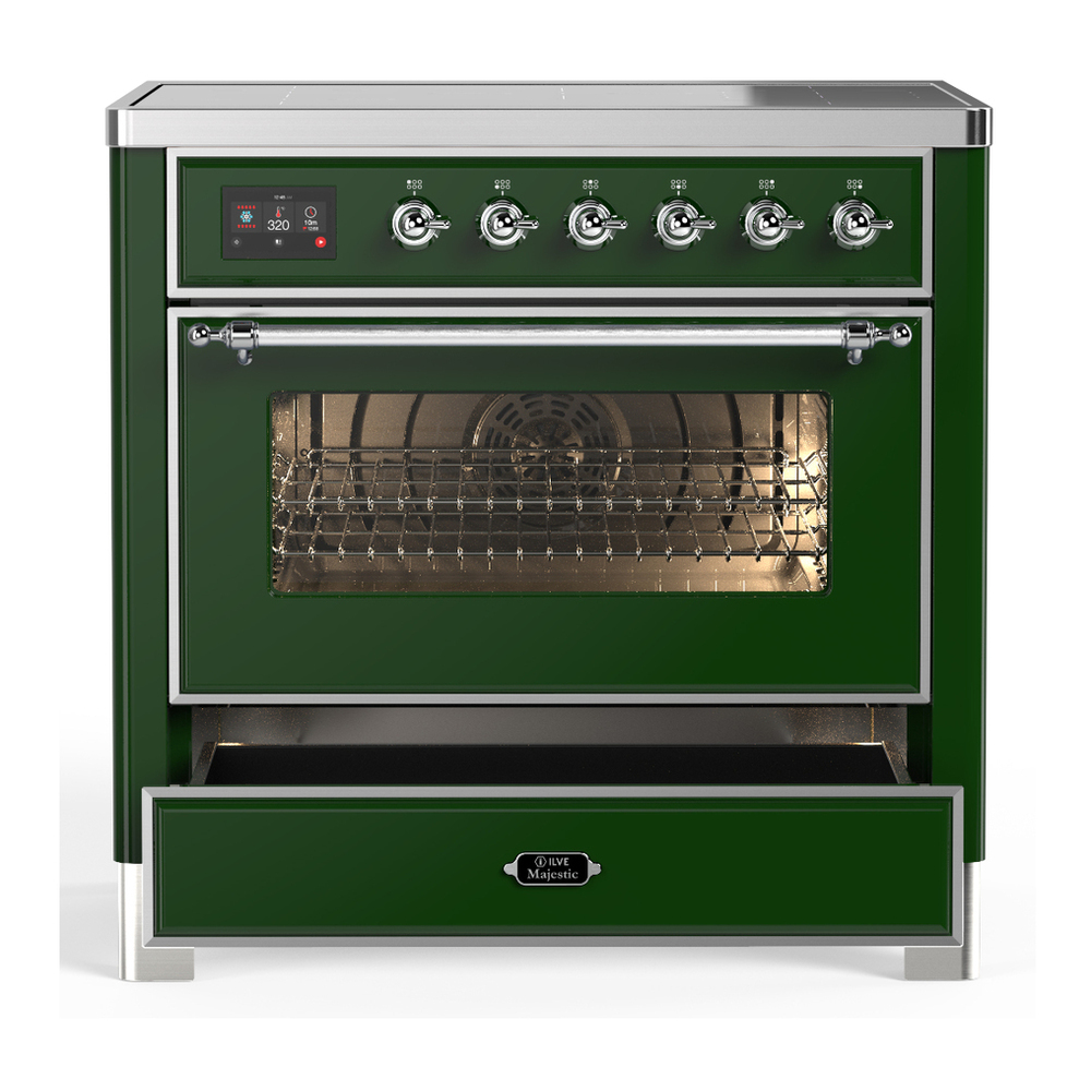ILVE UMIB36NR3EGC Majestic III 36 inch Induction Range with 6 Elements, 3.5 cu. ft. Total Oven Capacity (Triple Glass Door, Emerald Green, Chrome) 3 ILVE-UMIB36NR3EGC-Drawer Open View