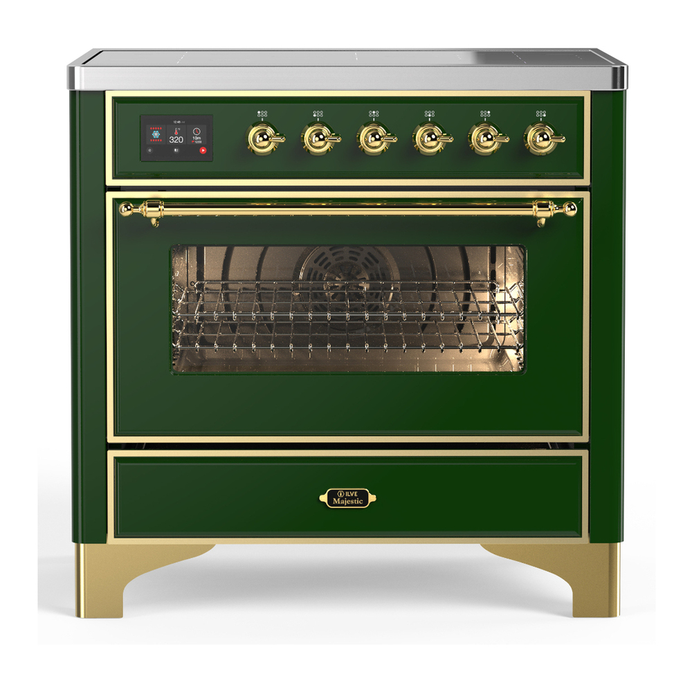 ILVE UMIB36NR3EGG Majestic III 36 inch Induction Range with 6 Elements, 3.5 cu. ft. Total Oven Capacity (Triple Glass Door, Emerald Green, Brass) 1 UMIB36NR3EGG